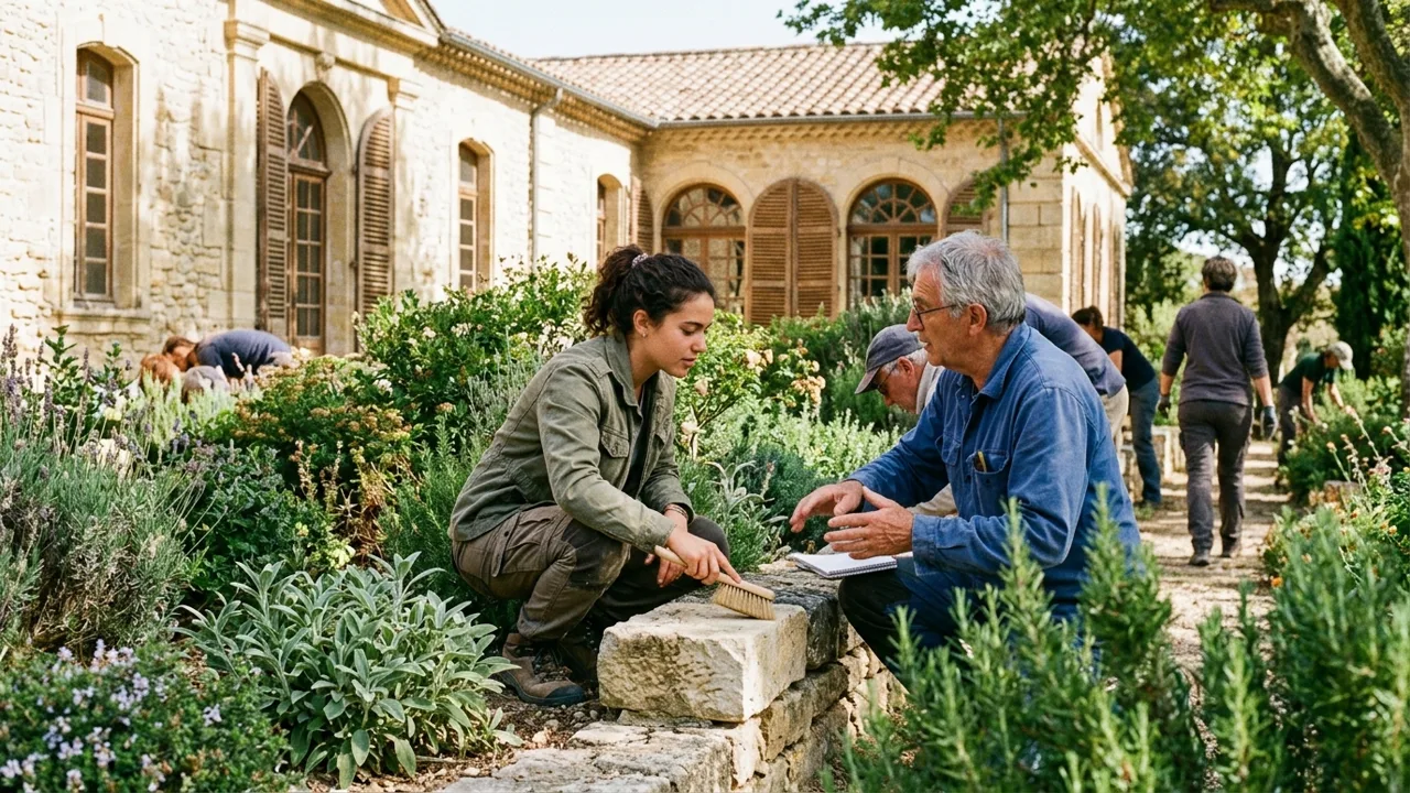 Équipe de l'association procédant à l'inspection technique des maçonneries anciennes du Château d'Assas