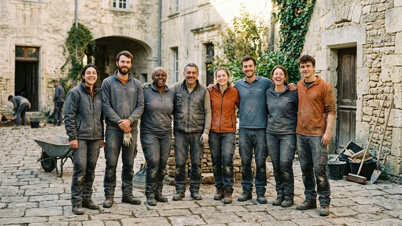 Équipe de bénévoles rassemblée à l'issue d'un atelier pratique de restauration de muret